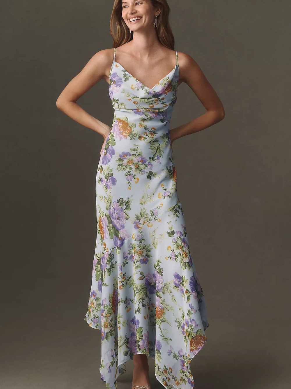 BHLDN Pastel Blue Floral Handkerchief-Hem Slip Dress